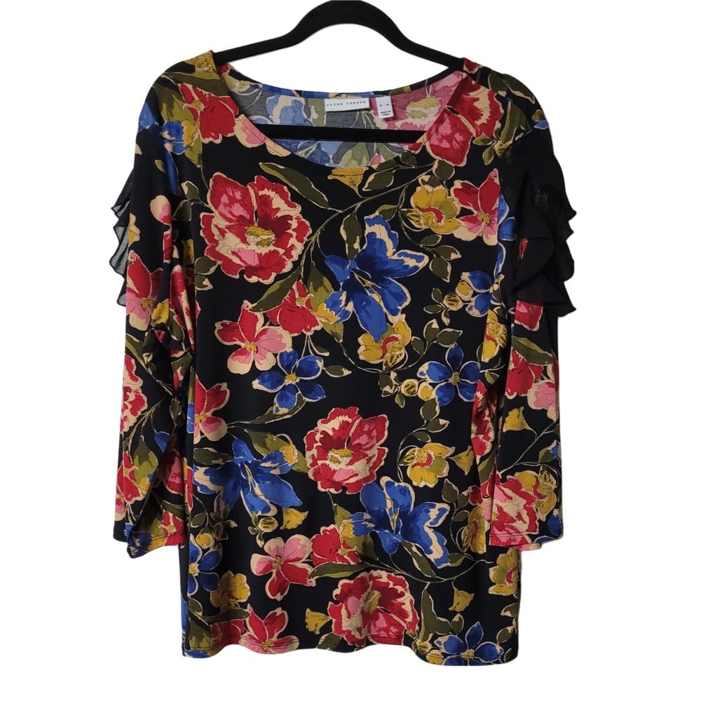 Susan Graver Black Floral Ruffle Blouse Size XL